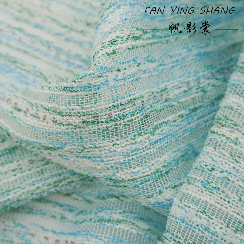 Green Sky Blue White Sequin Tweed Fabric For Coat Dress Telas Para Costura Tissus Couture ткань Cloth Material Sewing Cloth view 2