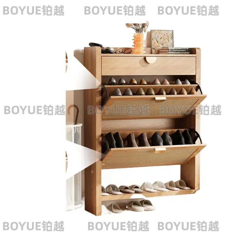 Narrow Rattan Shoe Storage Cabinet with 2 Flip Drawers Freestanding Hidden Shoe Organizer Rack for Entryway Hallway Space