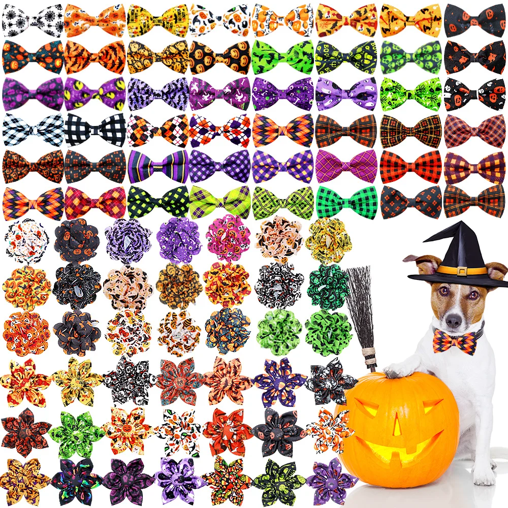 

50/100PCS Halloween Party Dog Bow Ties Collars Removable Pet Collars For Dogs Bowties With Elastic Band Pet Grooming Accessories