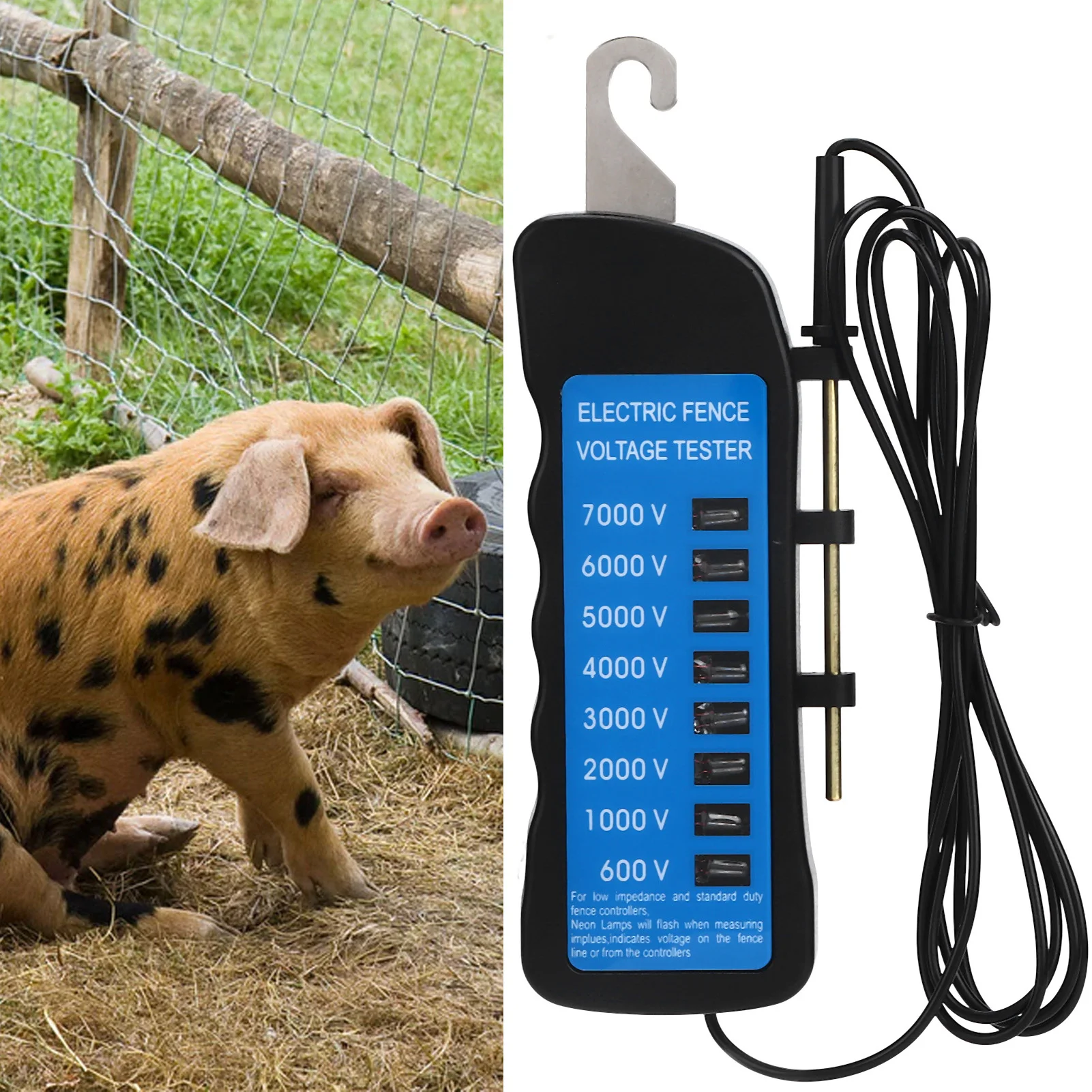 Electric Fence Tester Multi Light Voltage Detection Portable for Farm Supply Fencing ABS 7000V Farm Supply Electric Fence Tester