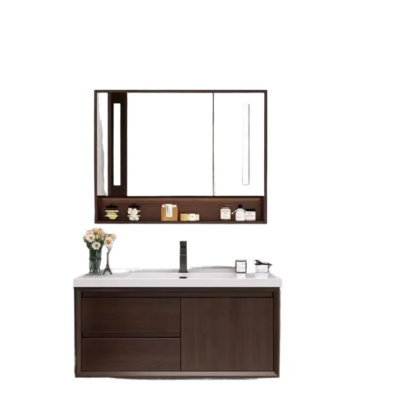 

Шкаф для ванной комнаты цвета ореха в средневековом стиле, дубовая краска, керамическая встроенная раковина, умывальник для ванной комнаты