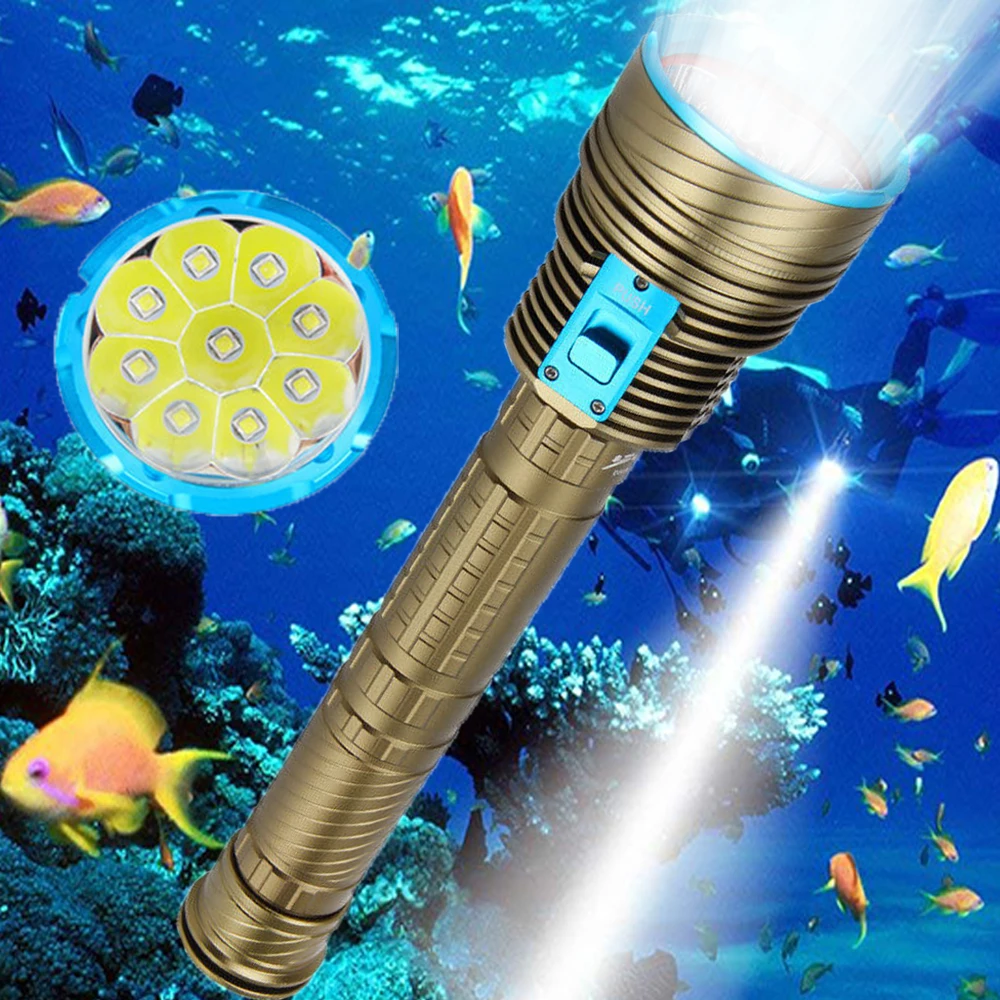 9000LM ultra bright Diving Flashlight 9 LED L2 White / Yellow Light 26650 Tactics Dive Torch 150M Underwater Waterproof lamp