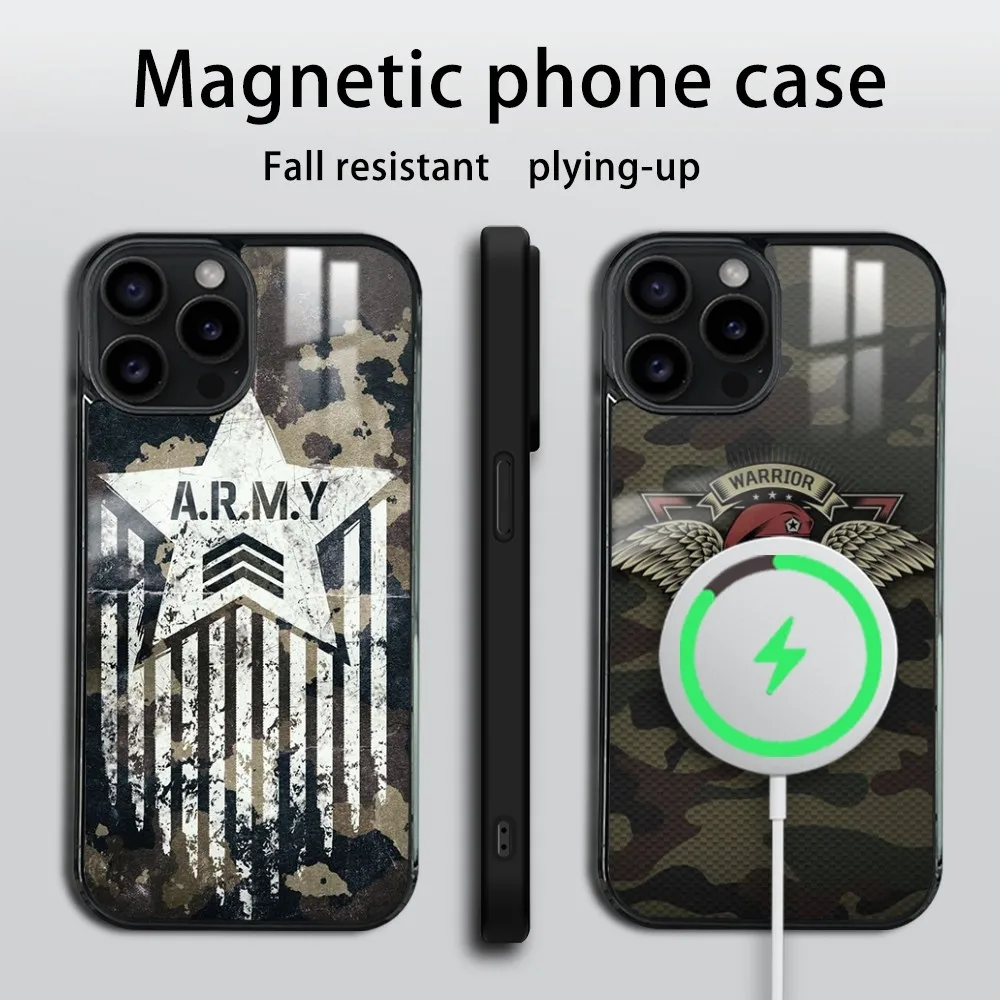 Camouflage Camo Army Phone Case For iPhone 16 15 14 13 12 11 Pro Max Plus Mini Mirror Wireless magnetic case