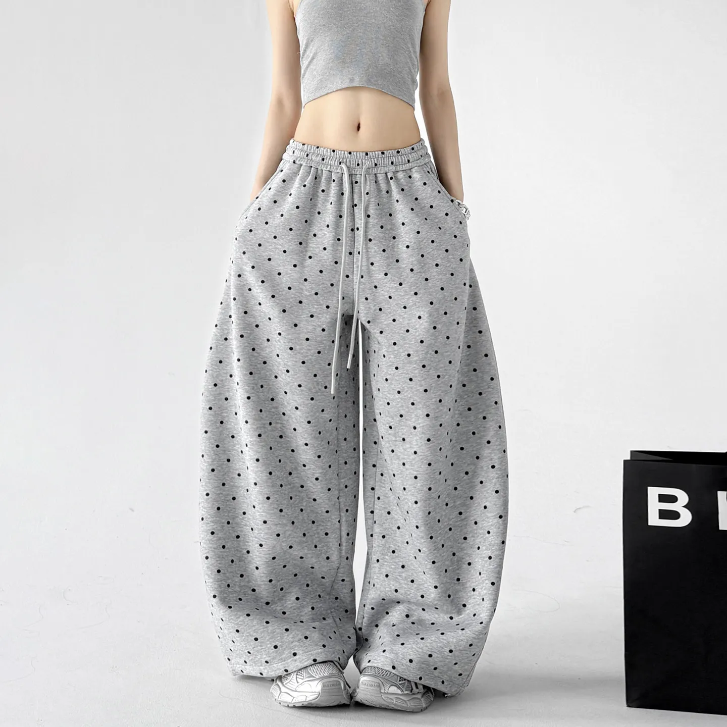 

SuperAen Gray Dotted Sweatpants for Women New 2026 Spring and Summer Korean Style Loose and Comfortable Casual Wide-leg Pants