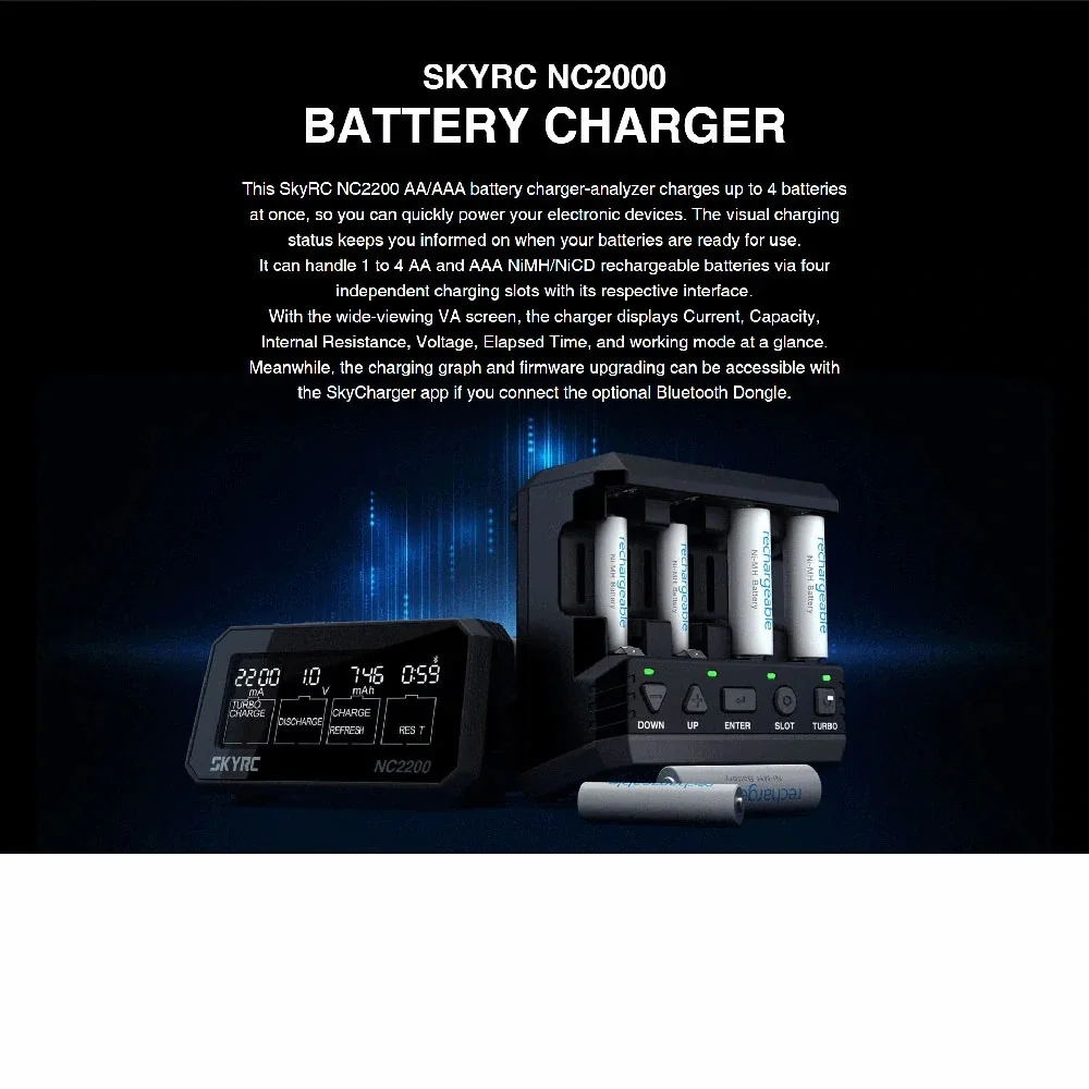 

SKYRC NC2200 12V/2.0A 4 Slots AA AAA Battery Charger & Analyzer NiMH/NiCD Batteries Charger Discharge Turbo Fast Charge