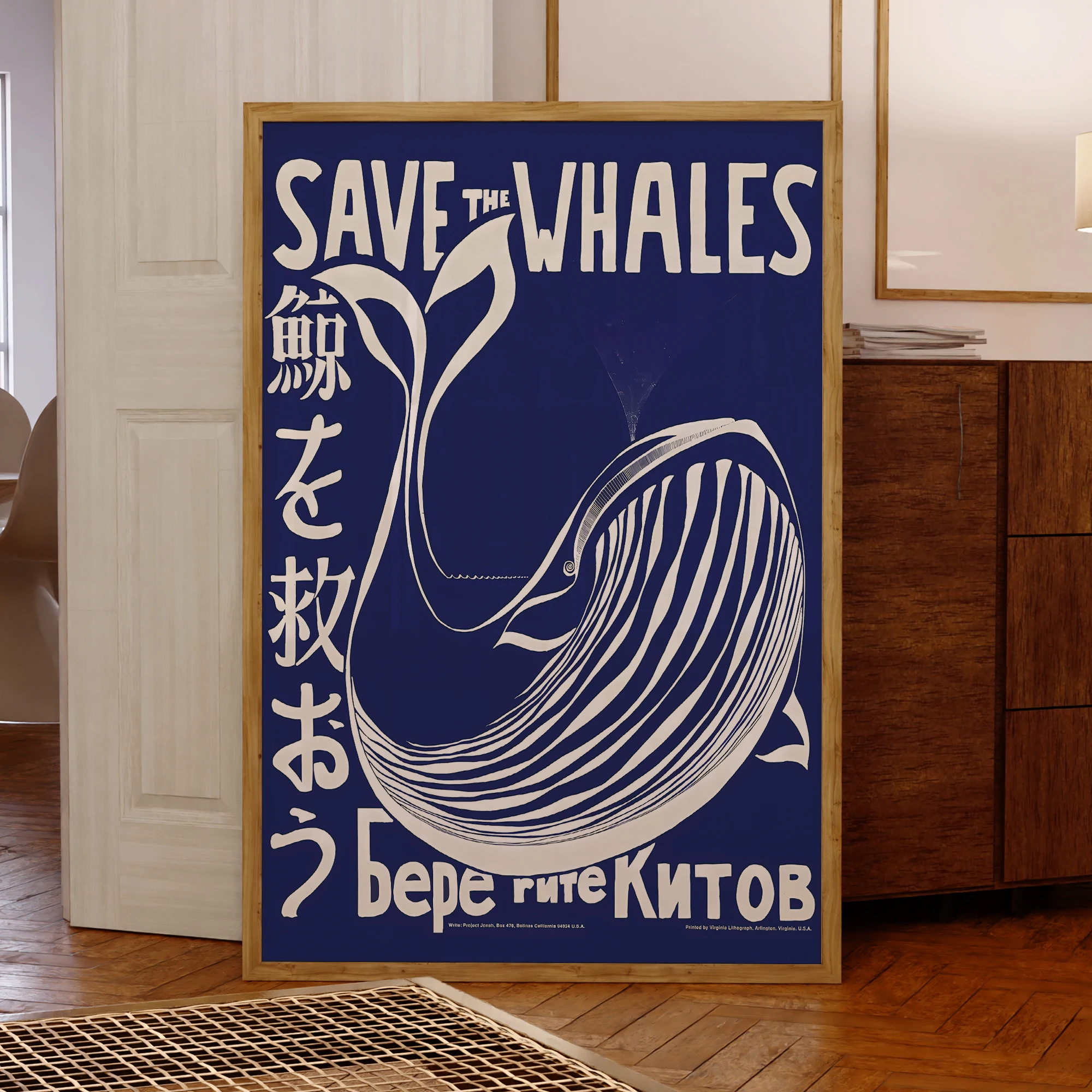 

Modern Japanese Style Blue Retro Save The Whales Wall Art Prints Canvas Painting Poster Picture For Living Room Home Decor