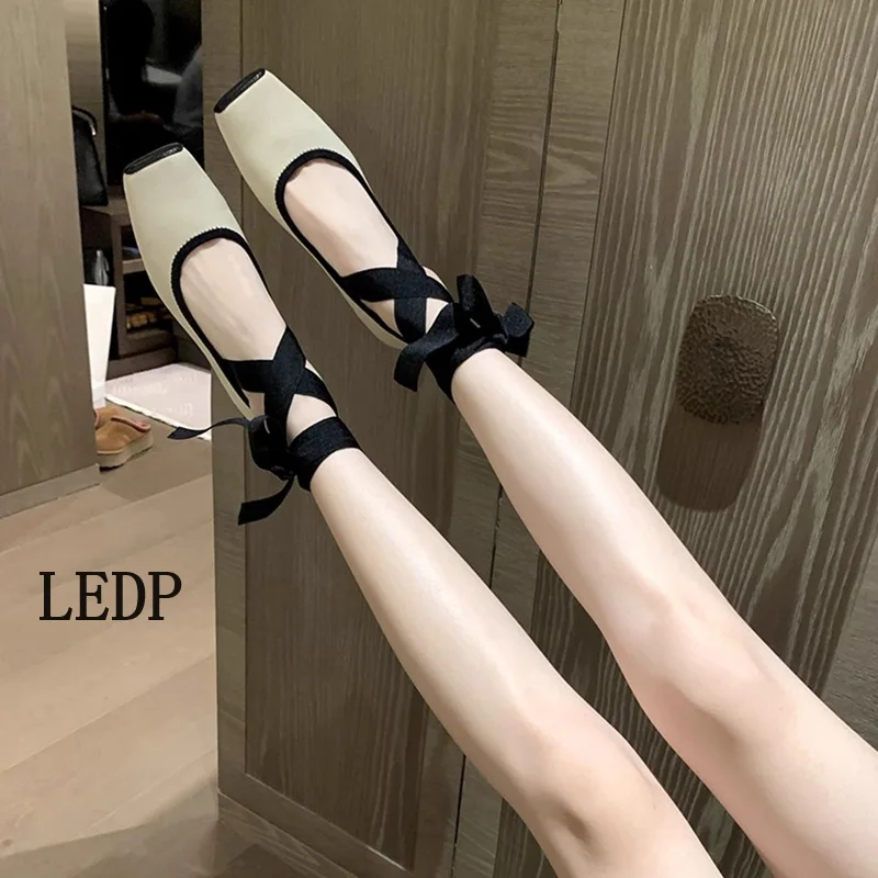 LEDP Female Mary Jane Retro Lace Match Color 2024 Summer Trend New Square Head Ballet Flats Light and Comfortable Everything