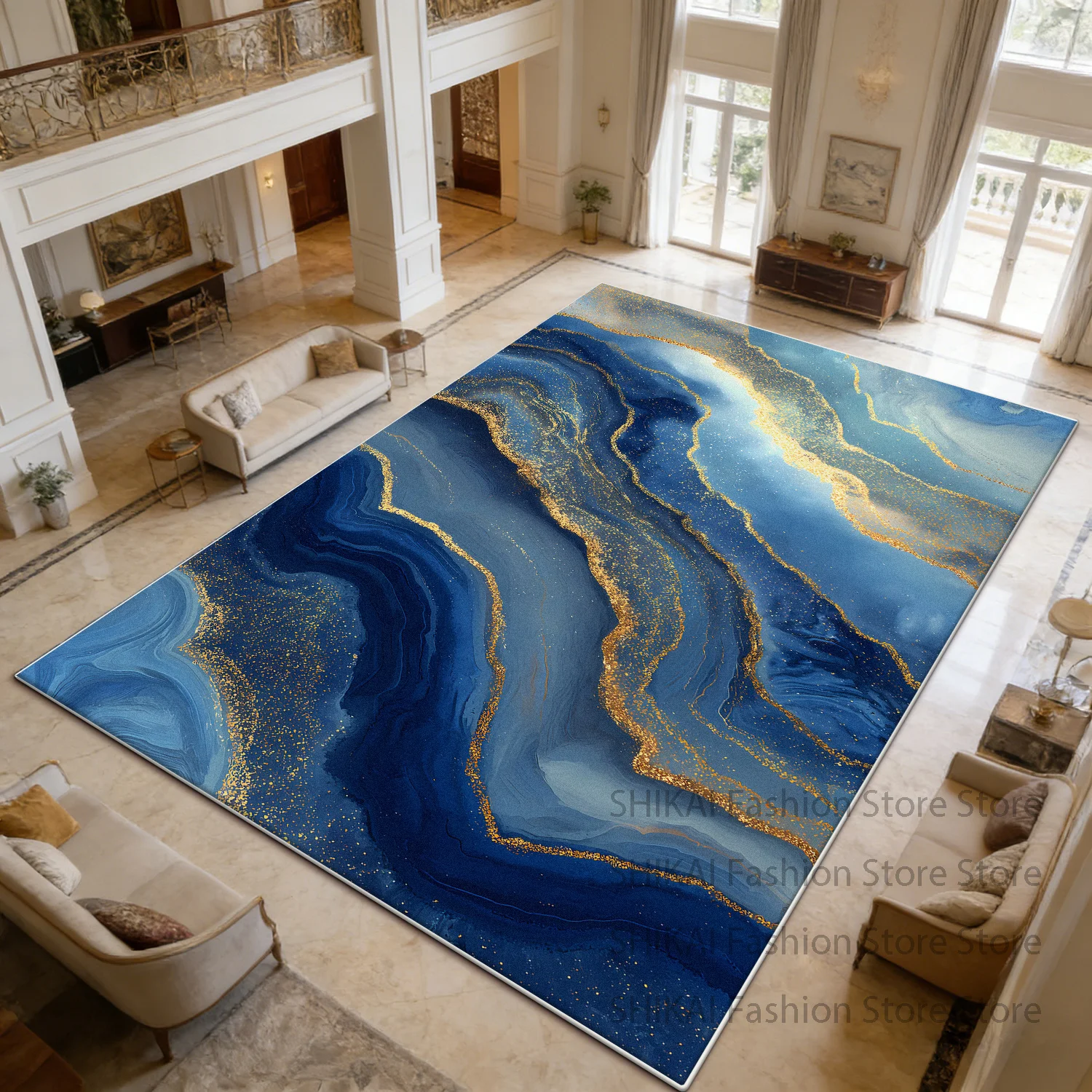 Blue Gold Marble Style Large Living Room Carpet Decoration Home Antiskid Fluffy Luxury Rug Easy Clean Short Velvet Floor Mats