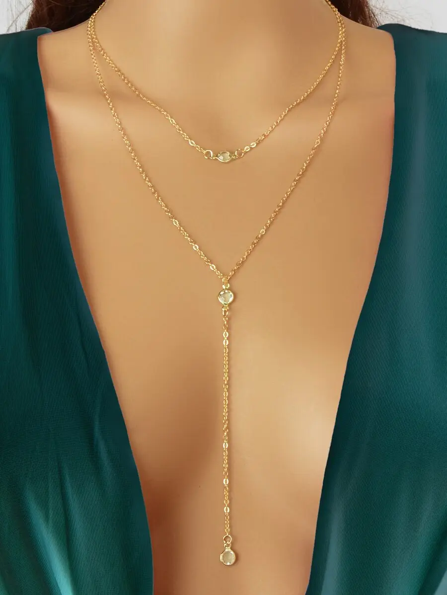 

Double Layer Gold-Tone Y-Shape Long Pendant Necklace with Crystal Accents for Women