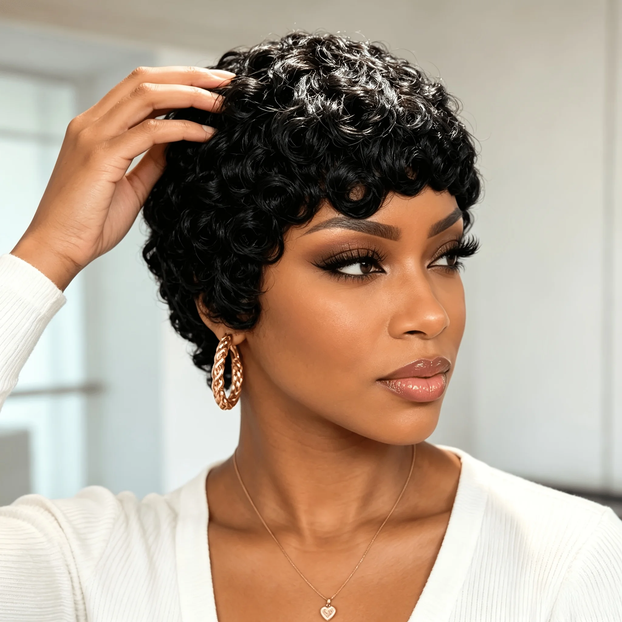 Women's Curly Wave Brazilian Human Hair Wig Brazilian-Remy Human Hair Wig for Women Full Machine Made Human Hair Pixie Cut Wig
