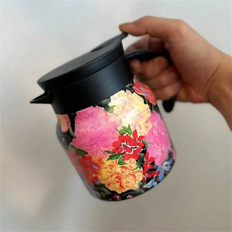 800ml Retro Blumenmuster Küchen-Teekanne Edelstahl Heißkaffeekanne Isolierte Teekanne mit Sieb Thermische Isoliertöpfe für Zuhause