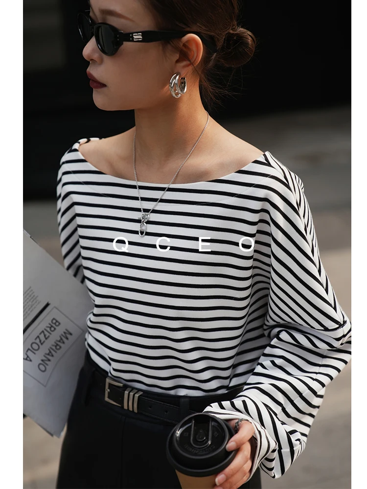 QCEO Double-Sided Wear V-Neck Long Sleeve Striped T-Shirt Women's Fashionable Casual Cotton Polyester Spring Autumn Top