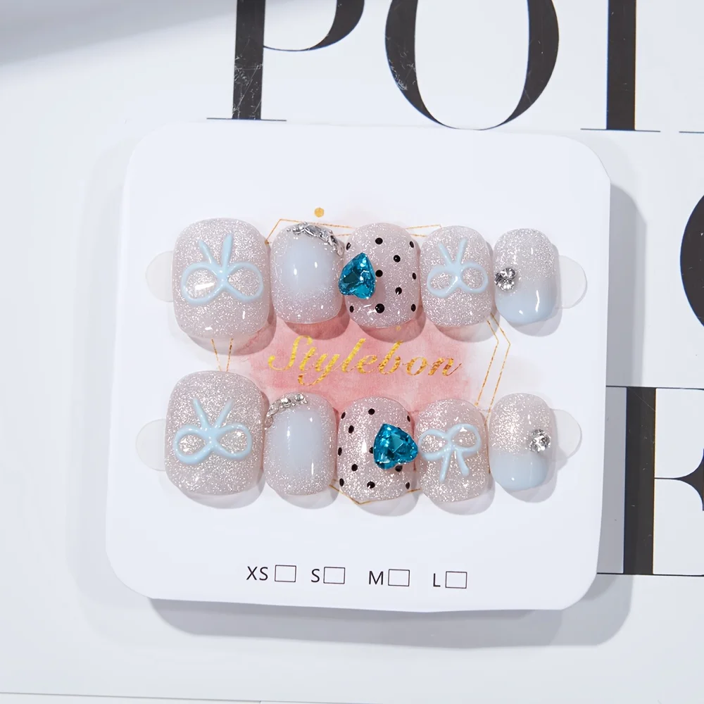 

10pcs Handmade Press on Nails Blue Gradient Bow Polka Dot Diamond Full Coverage Nail for Women&Girl Detachable Wearable Nail