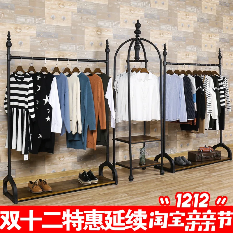 Wrought iron clothing store display rack clothes rackclothing hanger floor-to-ceiling wall women's clothingstore clothingrack
