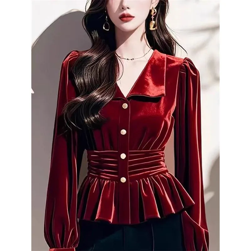 Weinrotes Samthemd Damen Hemdbluse Frühling Herbst Winter High-End Retro Bottoming Shirt Modisches Taillensaum Top