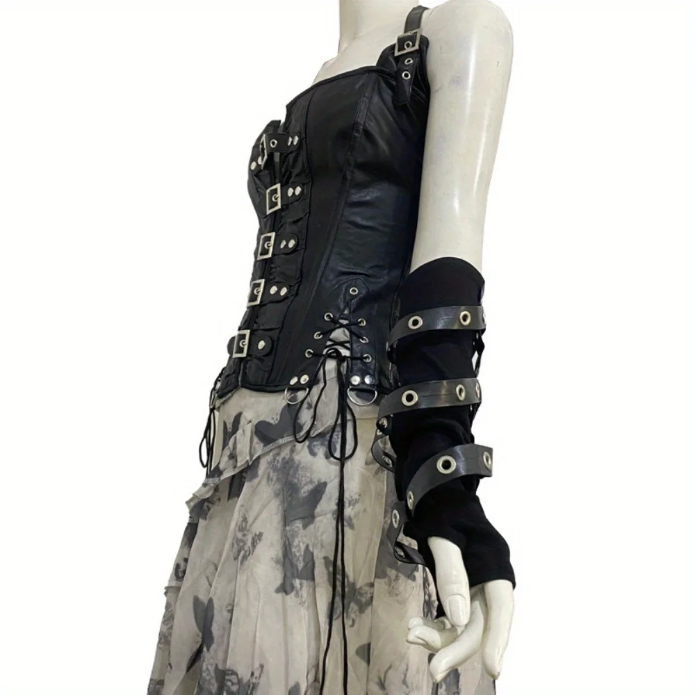 Luvas femininas de PU – Anel – Mangas de braço estilo escuro adornadas, ideais para primavera/verão, dança de rua e roupas da moda ​