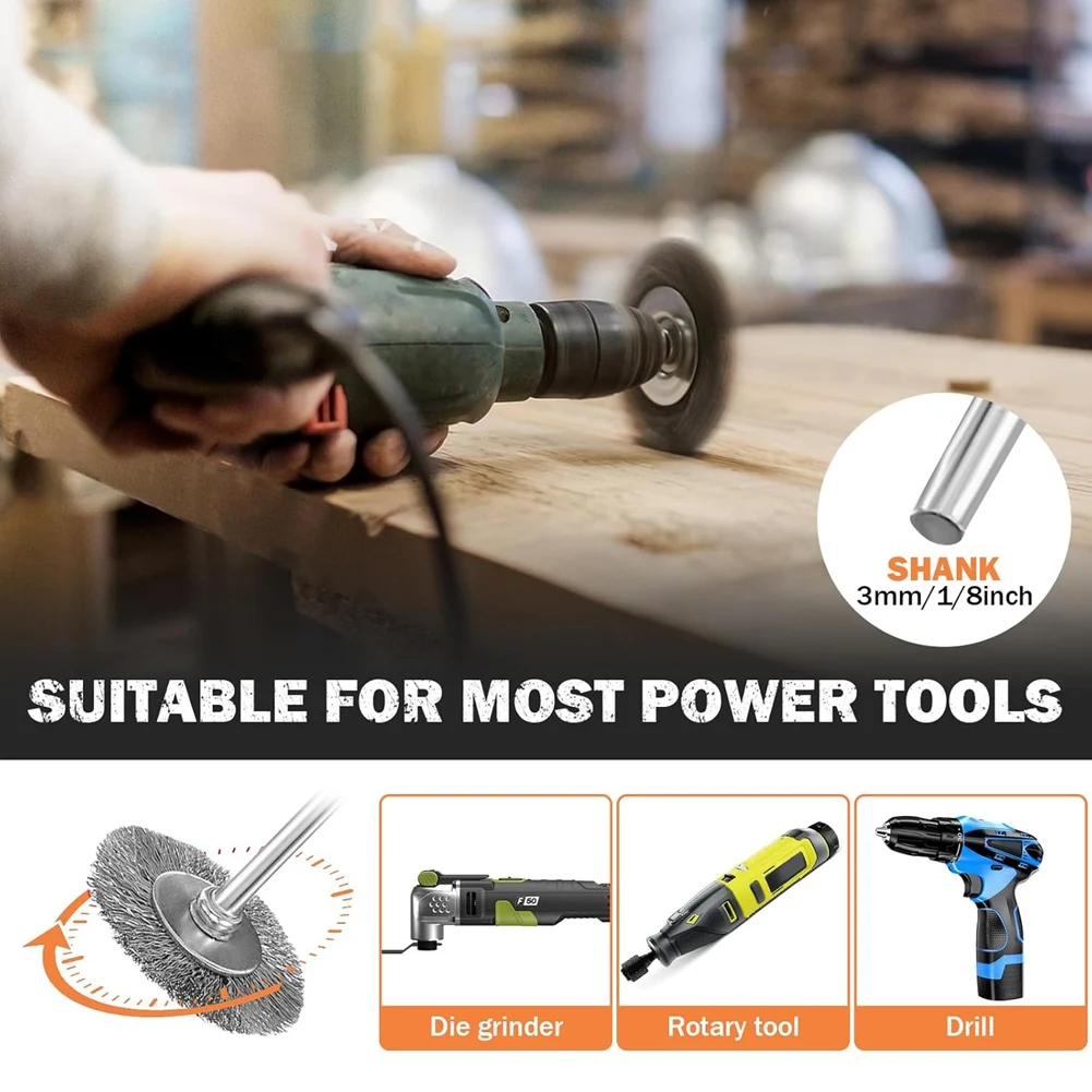 ABRS-Set Sikat Kawat untuk Menghilangkan Serpihan, Debu & Aksesoris - 60 Buah, 3 Bentuk Sikat Kawat Baja, Sikat Pena dengan Batang 1/8″(3Mm)