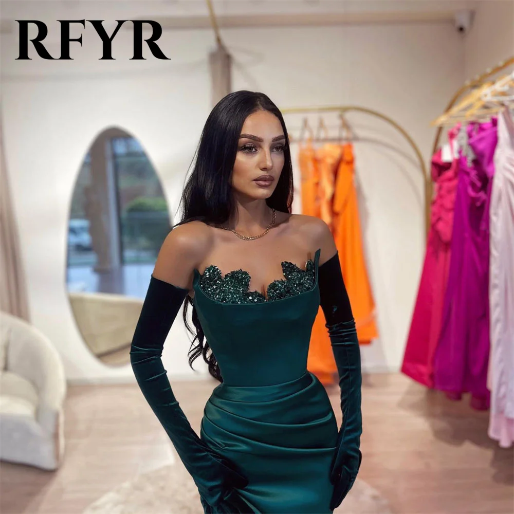 RFYR Dark Green Evening Dresses Mermaid Sexy Side Split Trumpet Beadings Prom Dress Backless Party Gowns With Gloves Party Dress