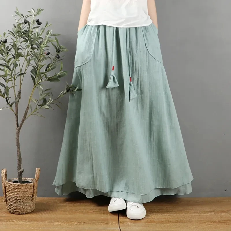 Forest Women's Artistic Clothing Retro Double-layer Cotton And Linen Yarn Skirt Summer Loose Casual Chinese Style Skirt w1480