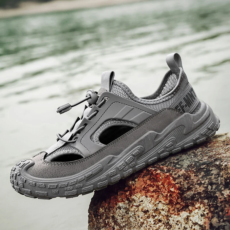 Classic Grey Hiking Sandals Men Summer Mesh Outdoor Beach Men's Sports Sandals Platform Breathable Hollow Out Walking Shoes Man