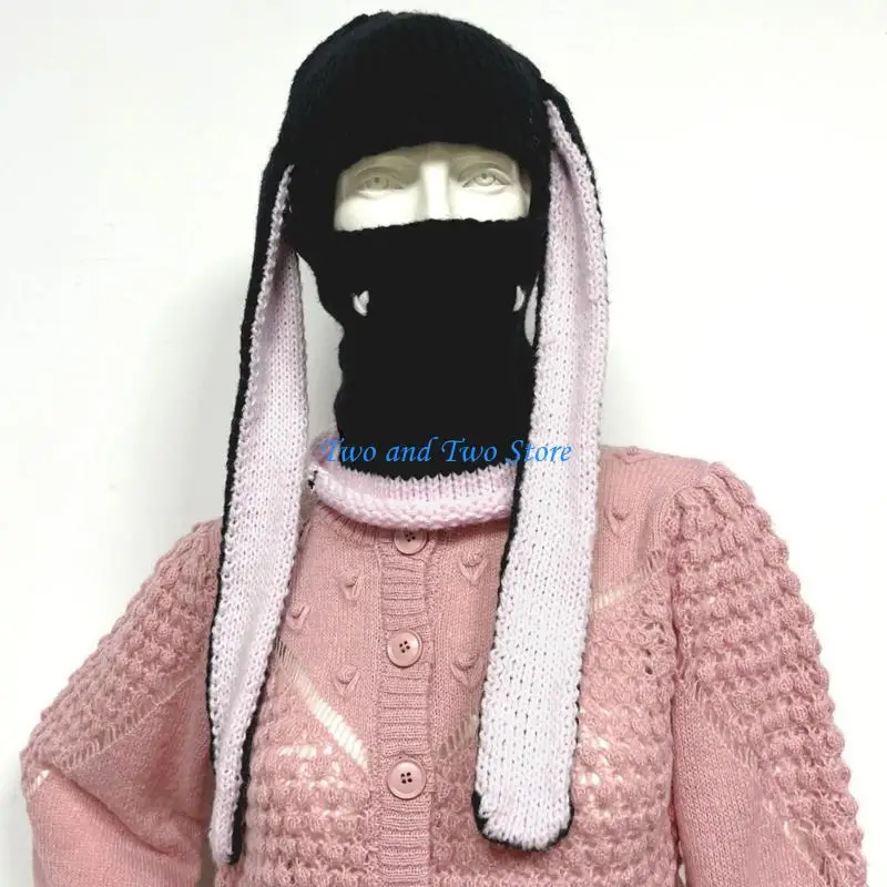 

HX6F Rabbit Hat Winter Hat Headgear for Outdoors Knitted Long Ears Neck Warmer