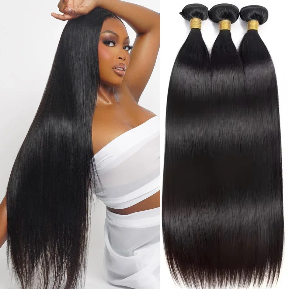 Extensiones de cabello humano liso 100%, cabello virgen 10A 12A, extensiones de 30 y 40 pulgadas, 3 4 mechones, negro Natural, brasileño transparente