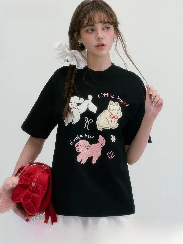 Black round Neck Puppy Towel Embroidery Short Sleeve T-Shirt Women's Loose Casual Style Cotton Top for Summer Leisure Outdoor...
