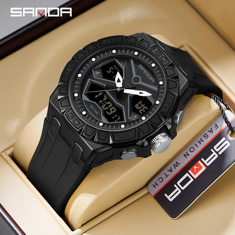 

SANDA 3198 Men Watch Creative Unique Outdoors Luminous Chronograph Silicone Strap Electronic Quartz Dual Display Male Watches