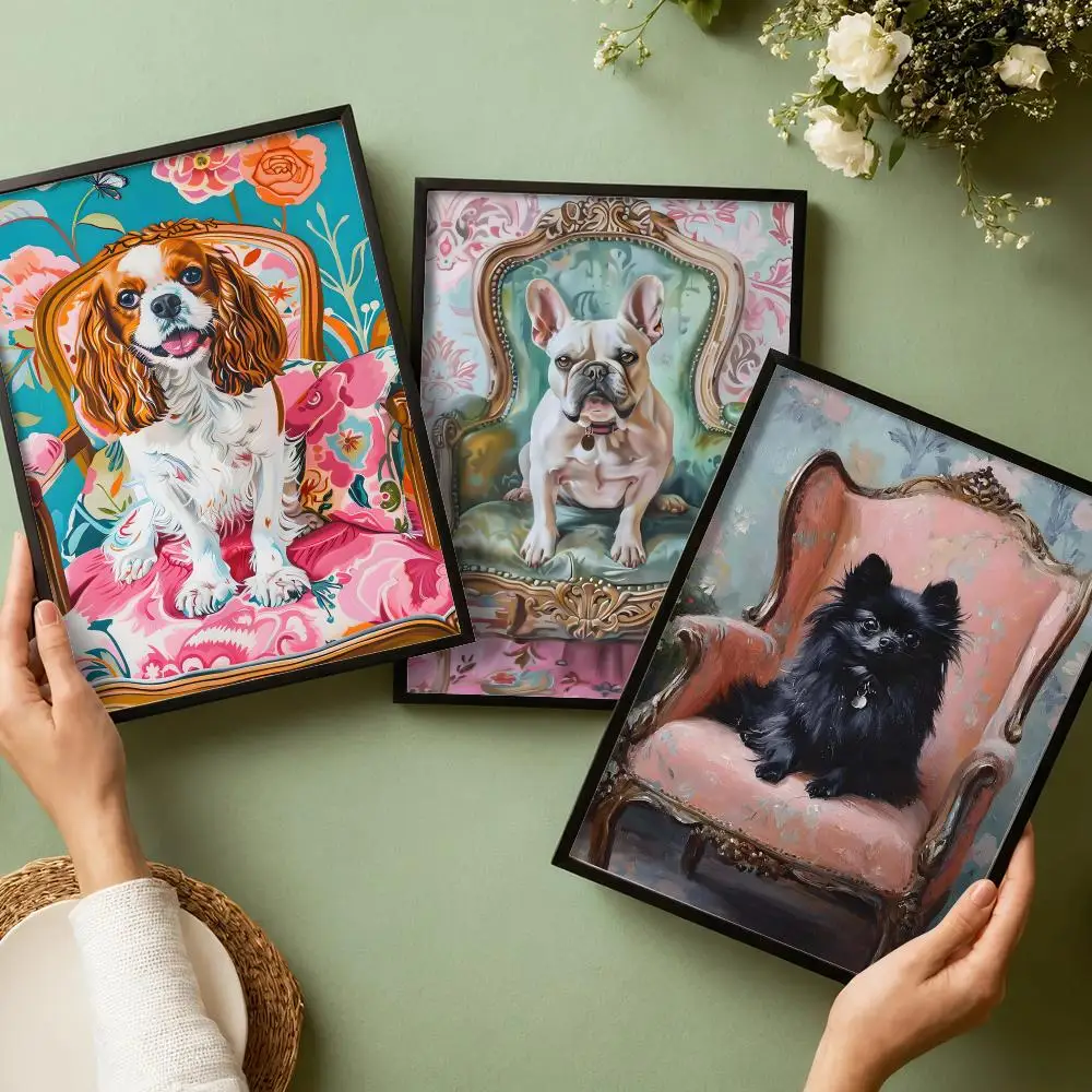 Dog on Stool Bichon Poster Stickers HD Painting Self-Adhesive Art for Bedroom Living Room Home Decor Modern Wall Decals Gift