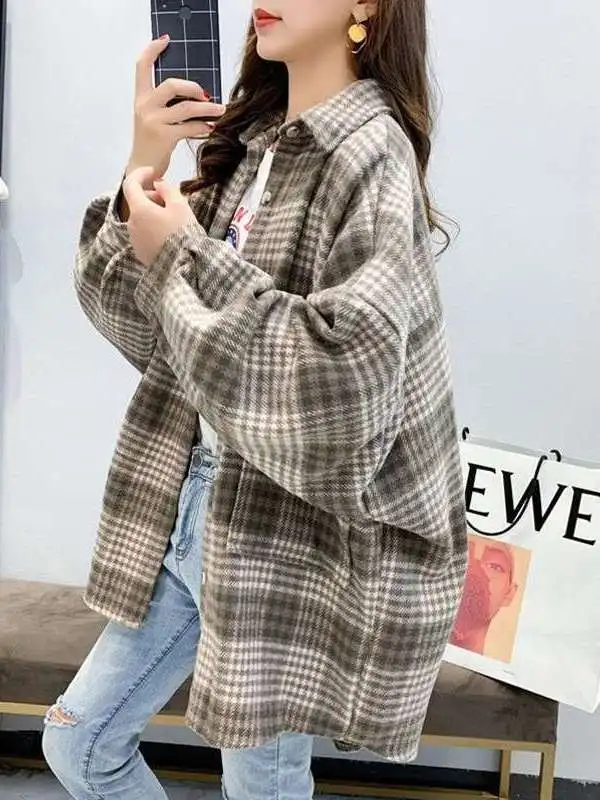 

Retro Brued Plaid irt Women's Autumn Winter Outwear Casual Sle Long Sve Striped Pattern Thin Polyester Fabric