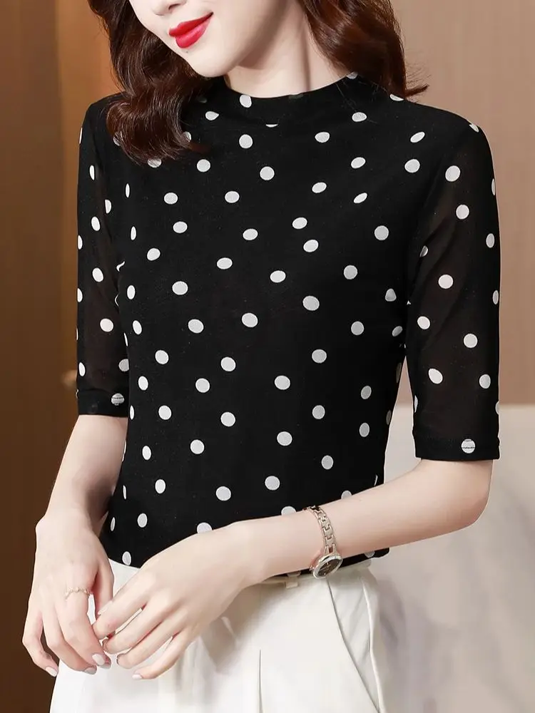 Spring Summer Women\'s Half-sleeved T-shirt Female Double-Layer Dot Mesh Tops Woman Vintage Simple Tees Shirt M-4XL