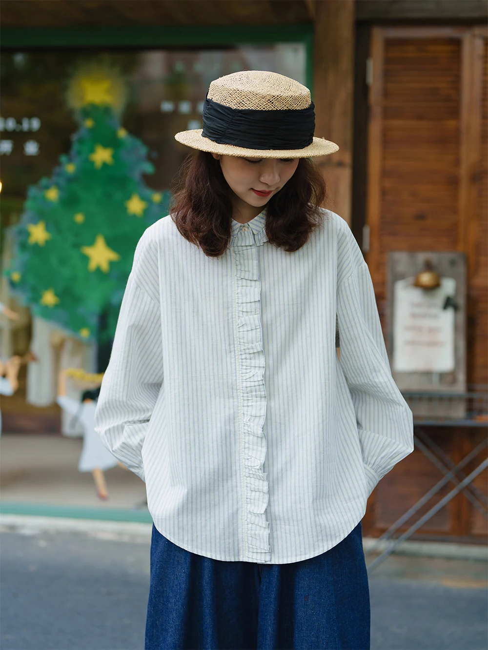 

Базовая полосатая блузка с цветочным воротником-рюшем, японский ретро-стиль, из смесового хлопка и льна, с длинными рукавами, женский топ