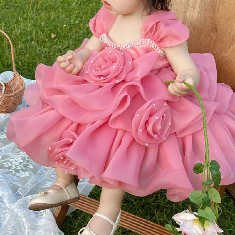 Customized High End Sweet Princesses Dresses Luxury Pearl Flower Appliques A-line Ball Gown Korean Popular Puffly Tiered Mesh Ve