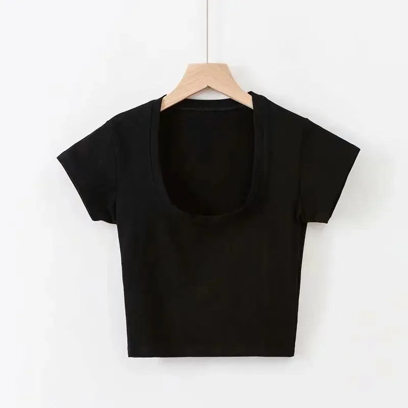 U-Neck Crop Top Solid Color Women Casual High Waist T Shirt Basic Sexy Streetwear Short Sleeve Slimming Tops