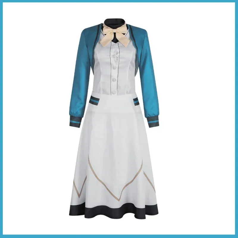 애니메이션 사일런트 위치치 모니카 에버렛 코스프레 의상 블루 코트 화이트 드레스 유니폼 여성 섹시 마스크 볼 카니발 슈트;3'v,6.h;8