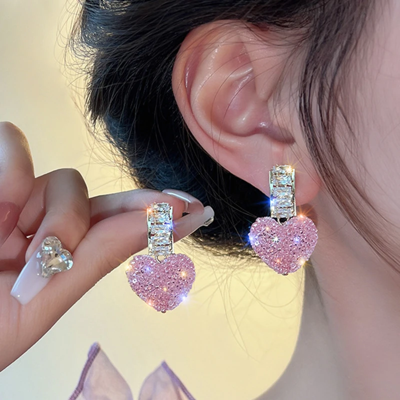 2022 New Arrival Trendy Lovely Pink Heart Dangle Earrings For Women Fashion Cute Sweet Crystal Jewelry Girl Gifts