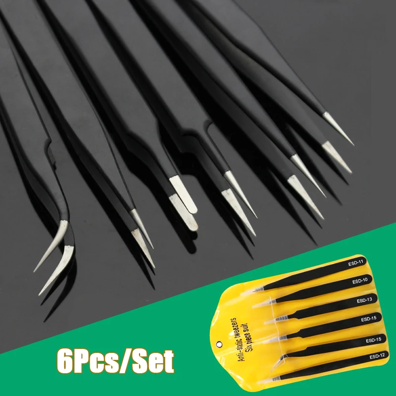 6pcs Precision Long Tweezers Set ESD Anti-Static Stainless SteelTweezers Repair Tools For Electronics Repair Soldering Craft