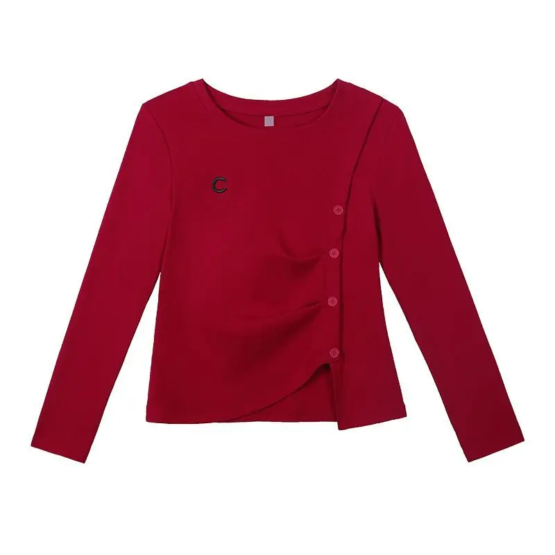Irregular Bottoming Shirt Women's Long Sleeved T-shirt New Spring Autumn Fashion Solid Color Round Collar Top