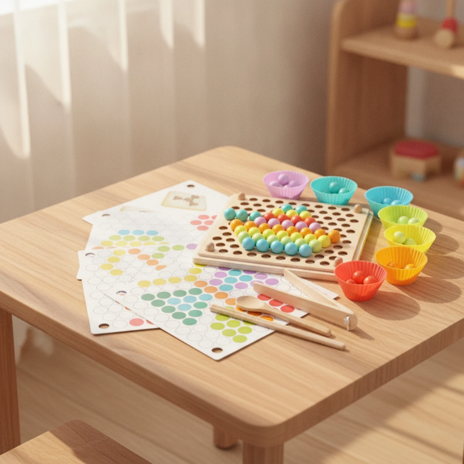 Wooden Bead Sorting Toy Educational Bead Grasping Puzzle Toy Wooden Beads Activity Set with Pattern Cards Educational Hands-On