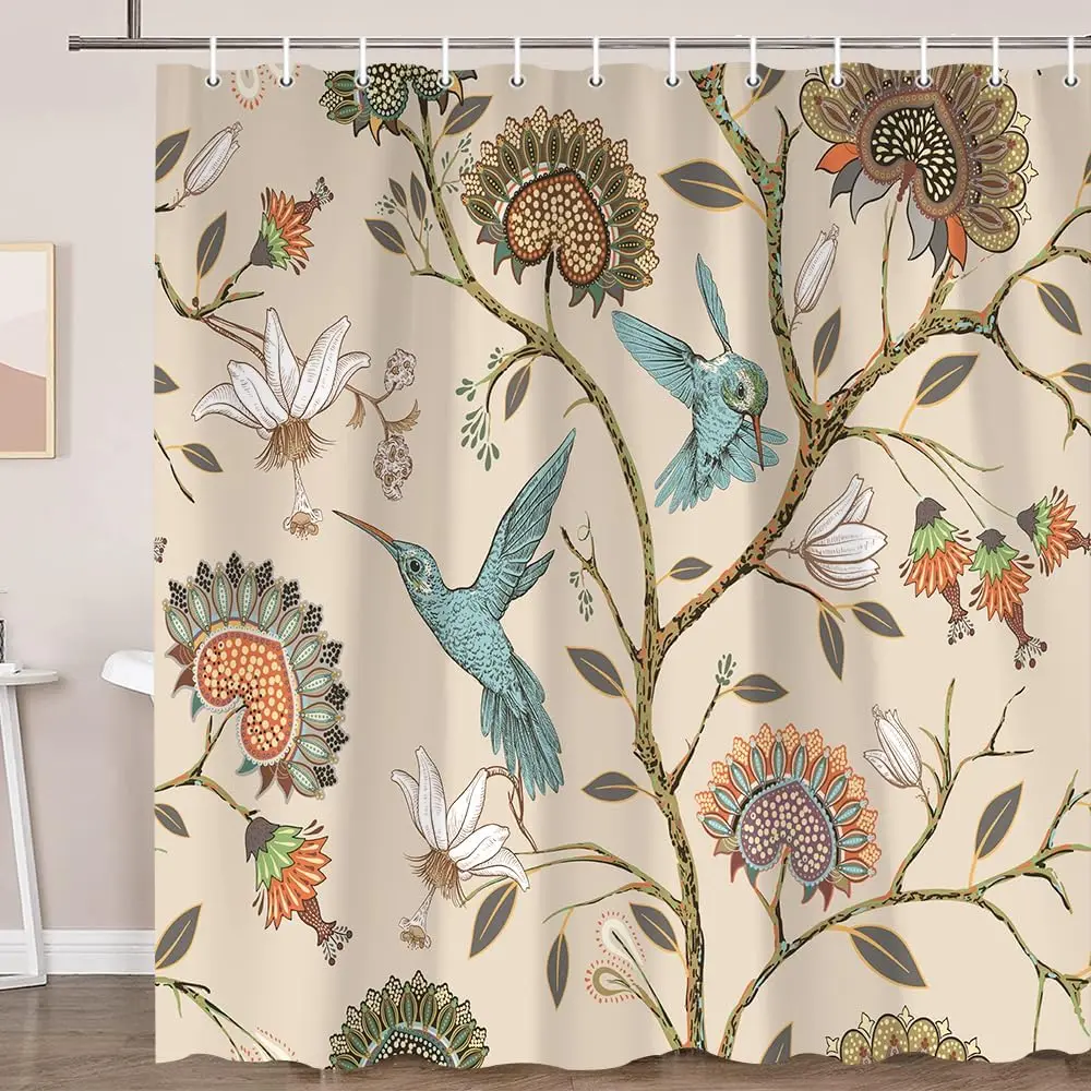 

Boho Floral Shower Curtain,Spring Unique Vintage Brown Plant and Bird Teal Hummingbird, Polyester Fabric Bathroom Decor Set with
