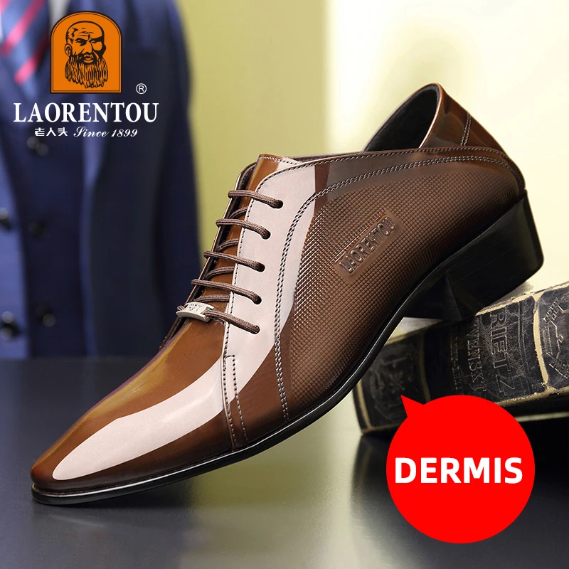 LAORENTOU layer cowhide breathable business dress leather shoes with  lace up middle heel, Derby groom\'s wedding shoes 20222