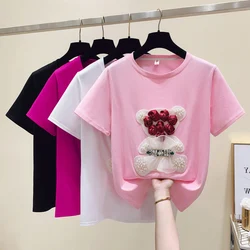 T-Shirt da donna a maniche corte allentata in cotone con perline Fashion Mesh Rose Flowers Bear Tees Lady Casual Summer Tops donna