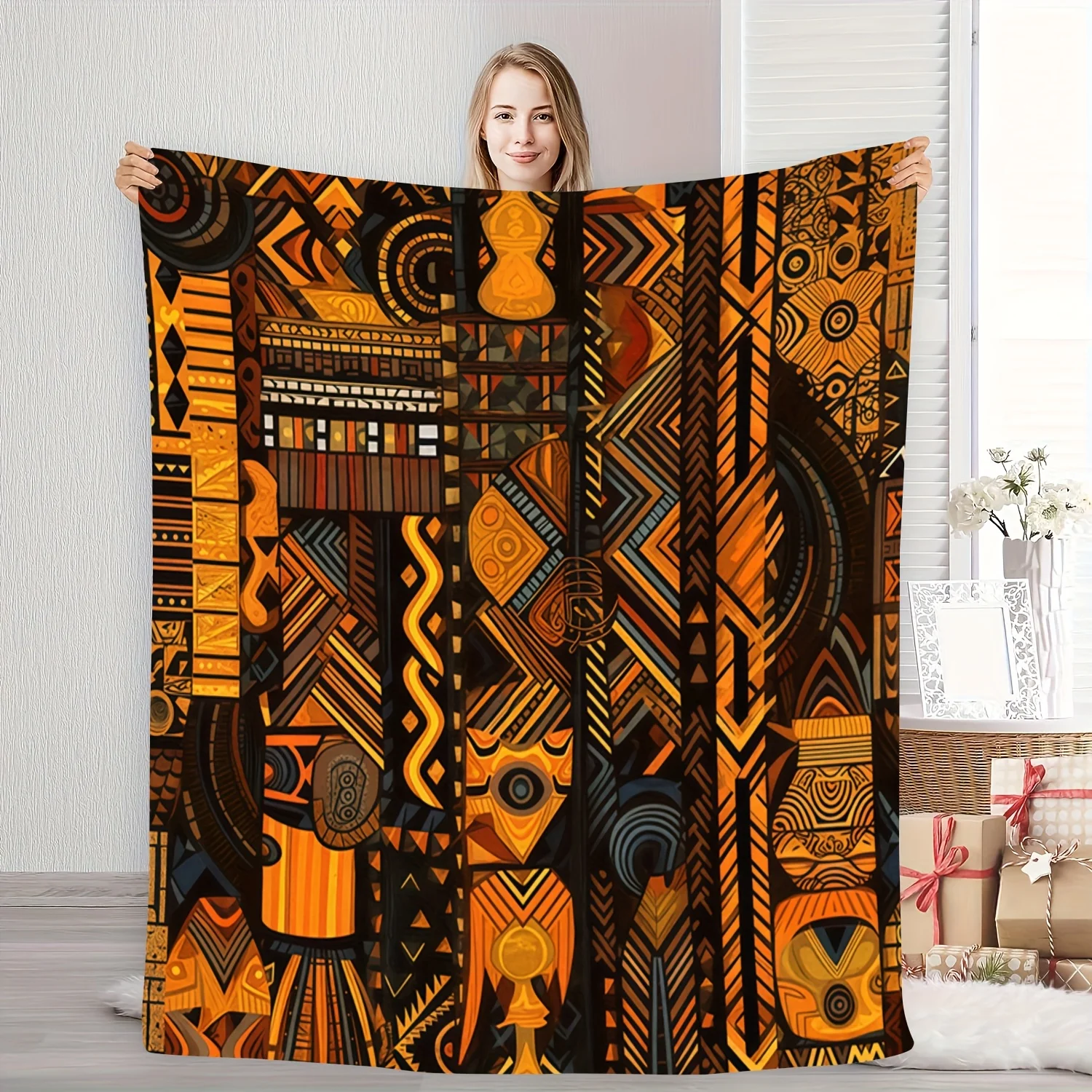 Abstract Geometric Fleece Blanket Tribal Pattern Print Throw Soft Warm All Season Bedding Home Decor Gift