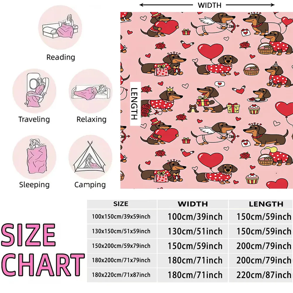 1pc Sausage Dog Love Printed Flannel Blanket Soft and Comfortable Nap Break Leisure Gift Cover Carpet Machine Washable