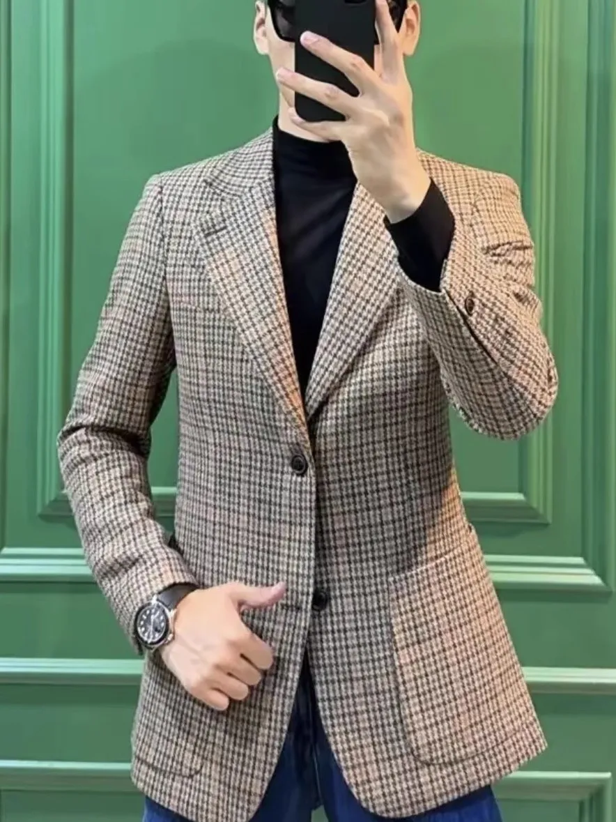 

Новый мужской повседневный костюм-пиджак из шерстяной смеси в британском ретро-стиле, осень-зима 2025, модный, приталенный, для делового повседневного образа