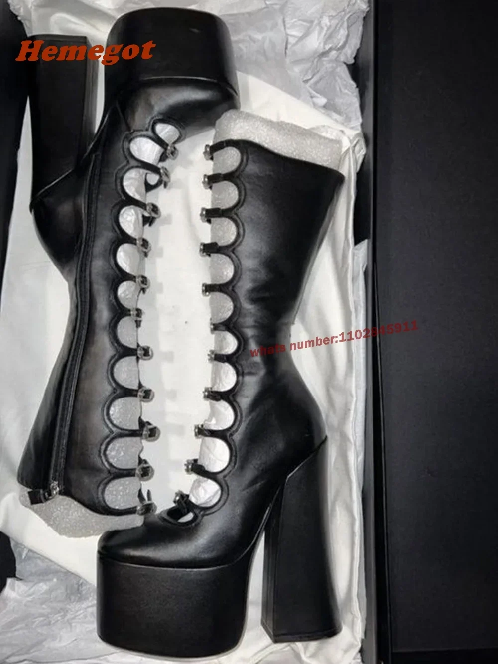 

Black Thick Sole Hollow Calf Boots Side Zipper Square Heels Dance Shoes Round Toe Suuper Heel Sexy Sandals Largr Size Platform