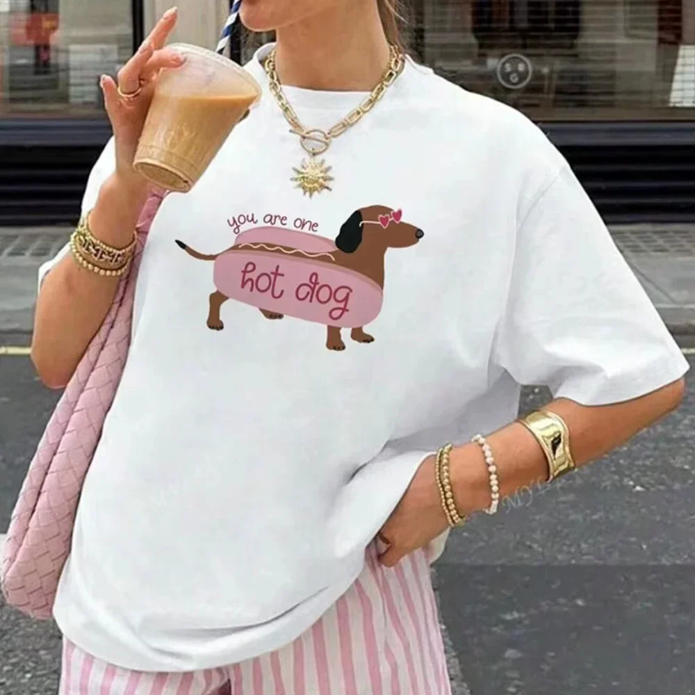 You Are One Hot Dog T-Shirt Sommer Street Fashion Casual Wear Bedrucktes lustiges T-Shirt Damen Weiß Kurzarm Top Kawaii Kleidung