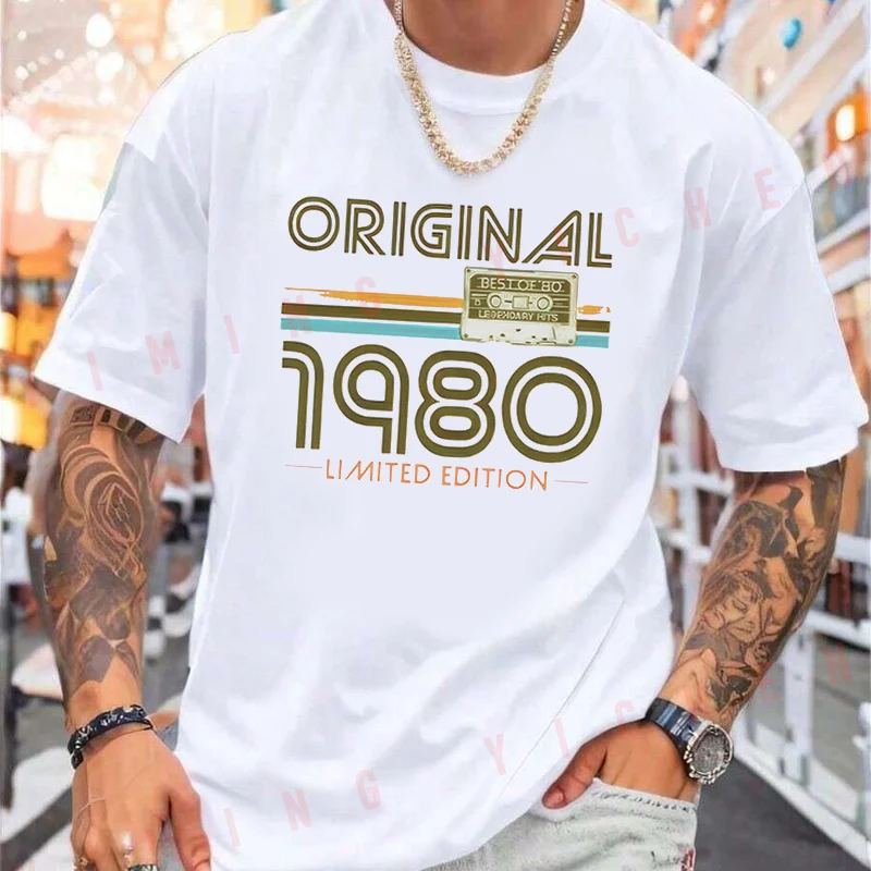 Retro 1980 Cassette Tape-Vintage 80s Print Motorcycle T-Shirt Men Hip Hop Streetwear Unisex Casual Fashionable Short Sleeve Tops