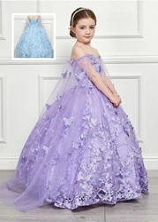 Customised Elegant Purple Flower Girl Dress Tulle Butterfly Applique Little Princess for Kids Birthday Party Ball Evening Gowns