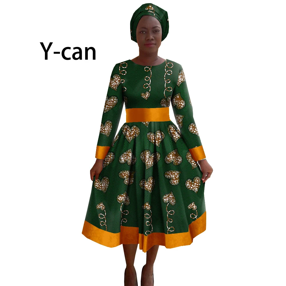 

Dashiki African Dresses for Women Ankara Print Tutu Midi A-line Skirt with Turban Headwrap Casual Ethnic Style Clothes A2025007